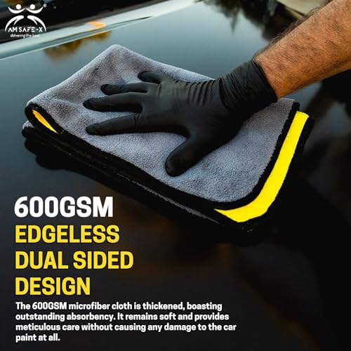 Image of AM Safe-X Microfiber Cloth for Car 600 GSM 40x40 cms 1 Pcs Yellow & Grey Twisted Loop Super Absorbent Towel, Edgeless Design with Plush Pile & Lint Free Cloth for Drying & Detailing