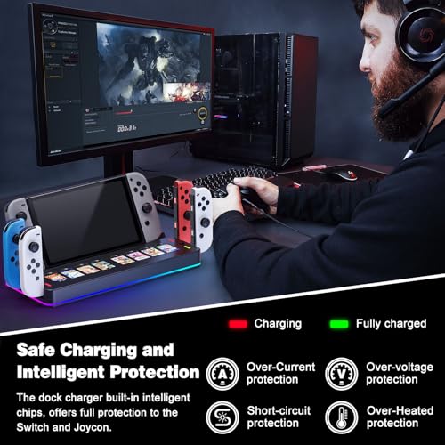 Tendak Switch Docking Station, TV Dock Station für Nintendo Switch/Switch OLED, LED Ladestation für JoyCon, Switch Controller Ladestation mit 8 Switch piele Aufbewahrung – Bild 8
