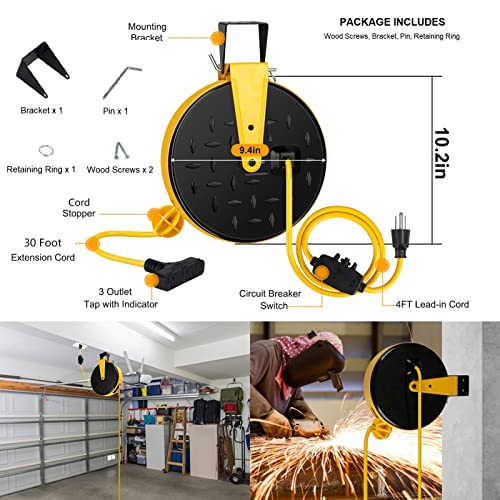 Axtra 30-Foot Retractable Extension Cord Reel, 16Awg Sjtw Heavy-Duty Cord, 3-Outlets With 10-Amp Circuit Breaker, Ceiling/Wall Mountable For Home, Garage, Automotive Shop, Metal Housing [Ul Listed] #TOP2