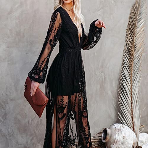 Womens Deep V Neck Short Sleeve Floral Lace Dress Long Bridesmaid Maxi Dresses4