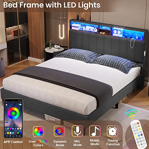 Tiptiper Led Lights Headboard, Platform Bed Frame Queen Size With Outlets And Usb Ports, Upholstered Bed With Storage, No Box Spring Needed, Dark Grey #TOP2