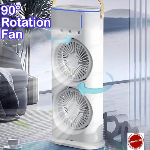 Image of Drumstone (𝐒𝐩𝐞𝐜𝐢𝐚𝐥 𝟏𝟓 𝐘𝐞𝐚𝐫𝐬 𝐖𝐚𝐫𝐫𝐚𝐧𝐭𝐲 Mini Air Cooler Fan with Water Spray, USB Rechargeable 4000mAh Battery, 3 Speed Cold Air Fan, Touch Control, LED Light for Home Office