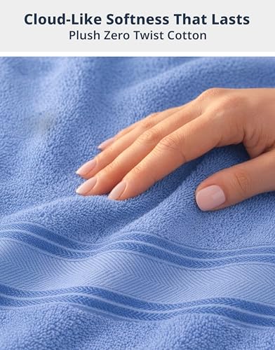Image of LANE LINEN 100% Cotton 4 Pack Bath Towels (28 inchx54 inch) - Zero Twist, Mercerized Cotton Bathroom Towels Set - Quick Dry, Soft & Absorbent Large Bath Towels - Machine Wash in Cold Water - Cerulean Blue