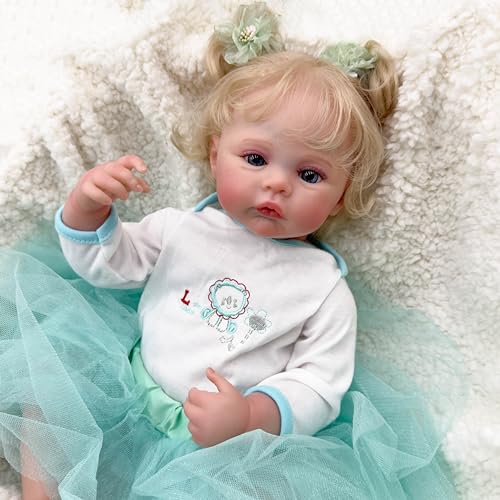 RXDOLL 19 Zoll Reborn Babypuppen Silikon Ganzkörper Mädchen Wasserdicht Realistische Babypuppen Die Echte Vinyl Babys Neugeborene Puppe Mit Blauen Augen Blond Haar Für Kinder Ab 3 Jahren – Bild 3