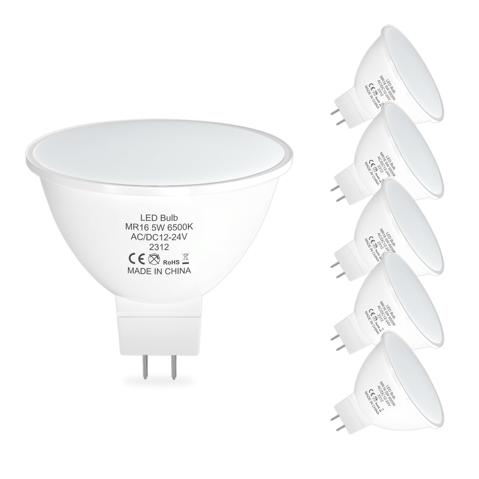 ORALUCE MR16 LED Bulbs 5W, AC/DC 12-24V Low Voltage GU5.3 LED Spotlight Bulb, 6500K Cool White, Non-dimmable, 450Lm, 120° Flood Beam Angle, for