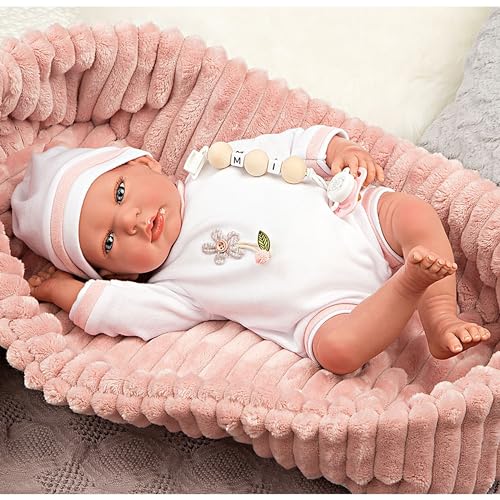 ARIAS - Reborn Lola Puppe, 40 cm, mit weißer Kleidung und rosa Mütze und Babywanne, Neugeborenes mit Vinylkörper, Windelzubehör, Schnuller und Schnuller, Spielzeug für Kinder ab 3 Jahren (ARI98110) – Bild 3