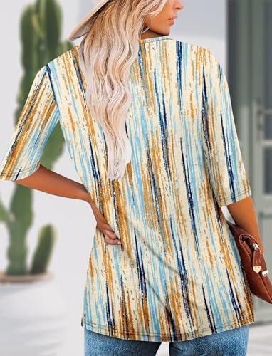 KISSMODA Tunic Tops for Women Loose Fit Dressy Round Neck Pleated 3/4 Length Sleeve Spring Tops