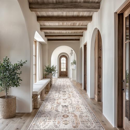 Madane Hallway Runner Rug 2'6''x14' Kitchen Runner, Non Slip Vintage Runners for Hallways Washable Kitchen Rugs Soft Low Pile 2.5x14 ft Rug Runner for Laundry Room, Entryway and Bedroom, Brown/Gold