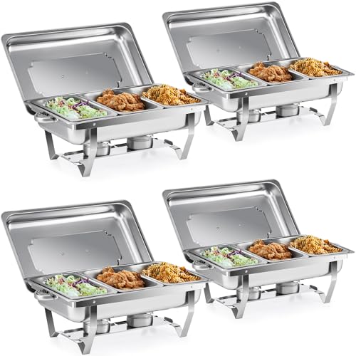 Wilprep Chafing Dish Edelstahl 9L Buffet-Set Warmhaltebehälter Speisenwärmer Wärmebehälter Rechaud für Catering, Buffet und Party (4 Set 3x1/3 GN-Behälter)