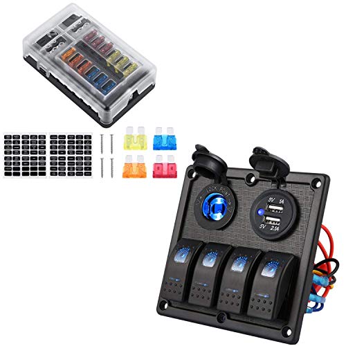 Kohree 4 Gang Waterproof Marine Boat Rocker Switch Panel, Bundle with