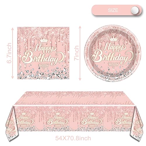 Oulun Pink Rose Gold Party Tableware Set,Pink Happy Birthday Theme 20 Plates And 20 Napkins And Tablecloths 71 '' X 42 '' For Girls Women Silver Glitter Birthday Party Supplies thumb #1