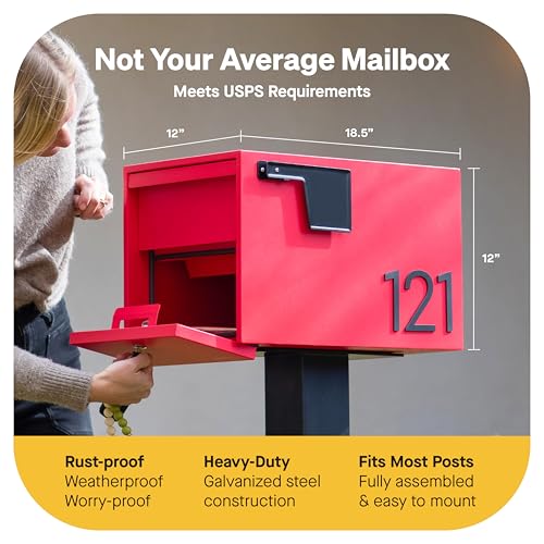 Image of Adoorn Lockable Post Mount Mailboxes for Outside - Small Anti-Theft Locking Mailbox for Packages and Letters - Weatherproof Construction - Durable Steel - 12 inch H x 12 inch W x 18.5 inch D - Yellow
