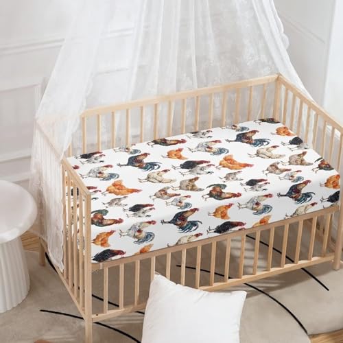 Image of Vintage Rooster Fitted Crib Sheet for Baby Girls Boys Bed Sheet Set Toddler Mattress Sheets for Standard Crib 28 inch x 52 inch, White