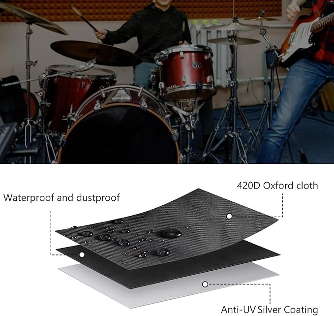 Image of MUTMAIN Drum Set Dust Cover Waterproof Dustproof Protective Cover Suitable for Most Drum Frames with Weighted Angles and Sewing Rings High Density Oxford Cloth 108 inchL x 80 inchW Black