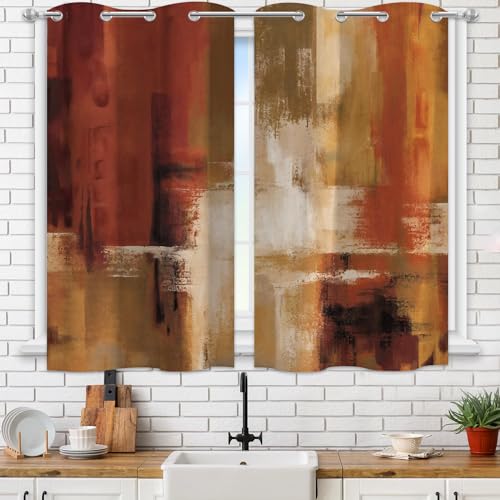 Image of Asuexpect Burnt Orange Kitchen Curtains 2 Panels Abstract Rust Curtain Room Darkening Grommet Window Drapes Modern Decorative Window Treatments, 26x36 Inches