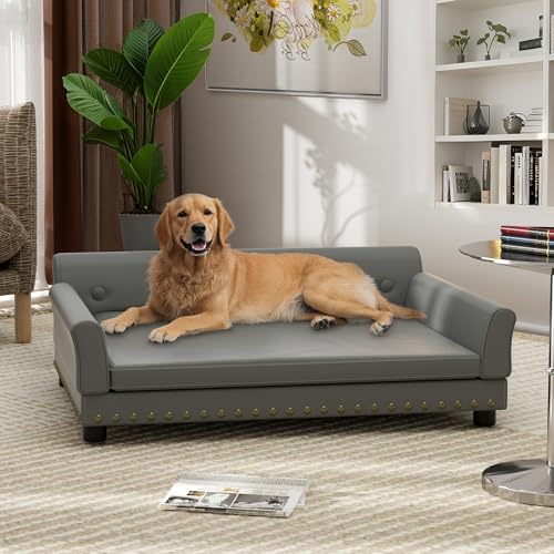 Large Leather Dog Sofa Bed: Pet Jumbo Luxury Orthopedic Lounge Made by Scratching Resistant Microfiber Leather - Elevated Furniture Style Dogs Chaise with Replacement Cover for Pets up to 120lbs