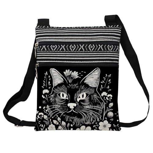 Floral Cat Face Messenger Bag Small Ethnic Pattern Printed Adjustable Strap Crossbody Zipper Bag Floral Cat Face Phone Bag Wallet Cute Shoulder Handbag for Women Friends -2