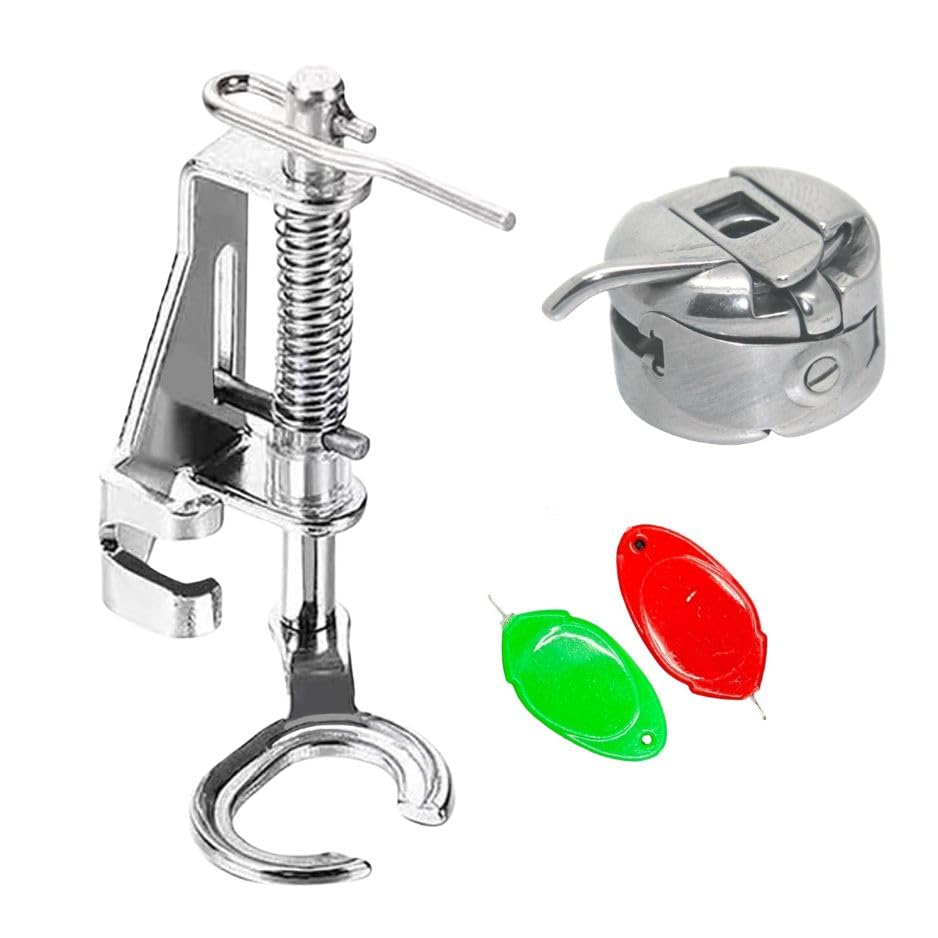 ZENITH 4 Pc Sewing Machine Combo – Darning Foot (Open Mouth) + Bobbin Case + 2 Needle Threaders, for Usha Janome Singer 8280 Brother Electric Embroidery Machines-image-0