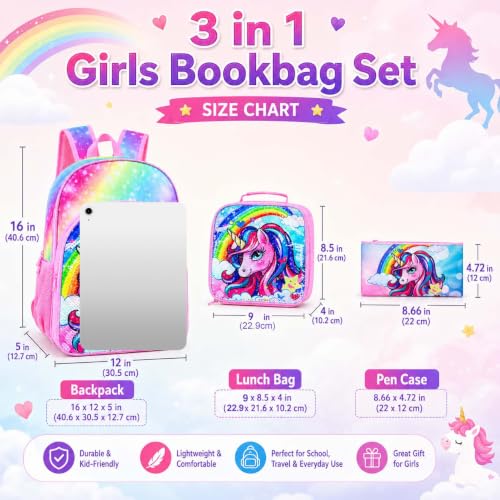 Image of 16 inch Backpack for Girls Boys 4-8, 3Pcs Kids Bookbag Set with Lunch Box, School Bag for Preschool Kindergarten