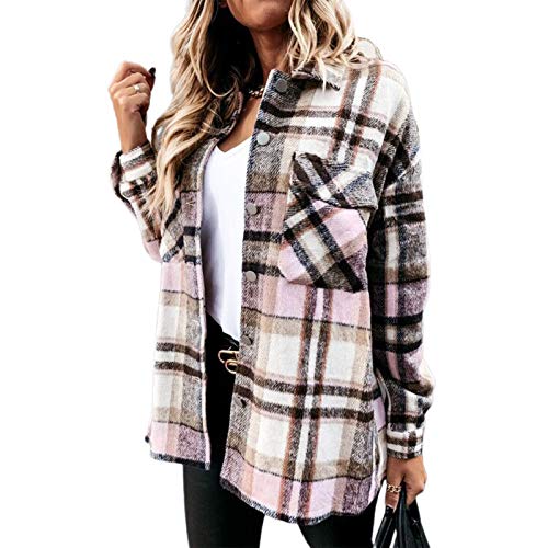 Womens Casual Plaid Coat Wool Blend Button Down Long Sleeve Shirt Jacket Shackets Black White Grid Fall Winter Coat (Plaid Pink-Brown, XL)