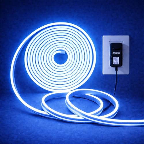 Image of Blue Neon LED Rope Lights 16.4ft (5 Meter) 600 LEDs - IP65 Waterproof Flexible Silicone Strip with Adapter for Indoor /Outdoor Use
