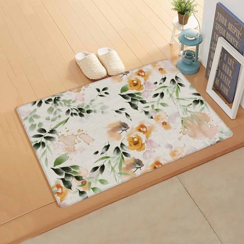 Orange Wildflower Kitchen Bath Door Mat Cushioned Runner Rug,Washable Welcome Floor Sink Antifatigue Mat,Waterproof & Non-Slip Comfort Standing Doormat,Rustic Watercolor Rose Floral Plant 18
