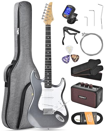 Leo Jaymz Beginner Electric Guitar 39 Kit with Portable Amplifier Padded Gig Bag Digital TunerCapoStrapPicksClassic SSS Pickups (Gray-SSS)