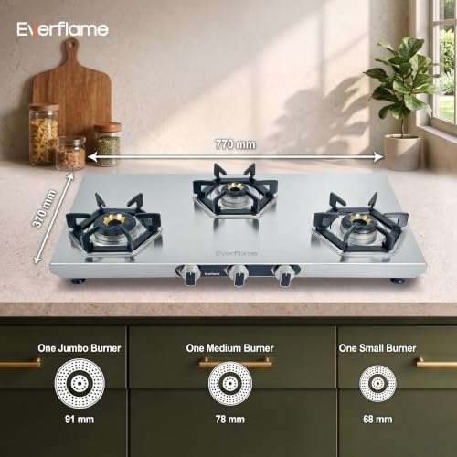 Image of Everflame Hexon 3 Burner Stainless Steel Gas Stove | 2mm Thick Jointless SS Body | 3D Forged Brass-Burner | ISI Certified | Manual Ignition | 2 Years Manufacturer Warranty