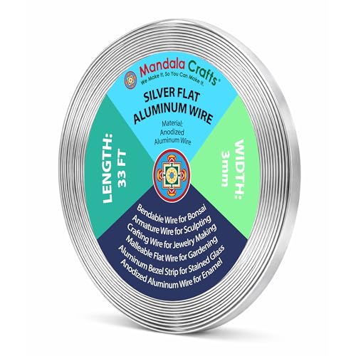 Image of Mandala Crafts 3mm Silver Tone Flat Aluminum Crafting Wire for Sculpting | 33 Feet, Anodized, Colored, Tarnish Resistant, Bendable, Flexible, for Jewelry Making, Bezel, Bonsai, Armature, Outdoor