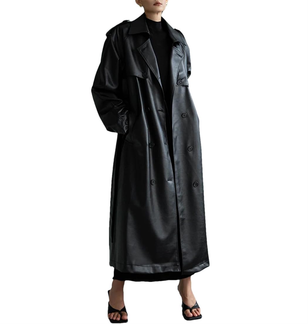 Trench long femme similicuir boutonné avec ceinture ajustable ajustée - 7