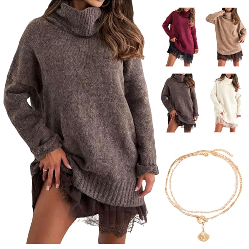 Women's Turtleneck Sweater Mini Dress Set Soft Knit Tops with