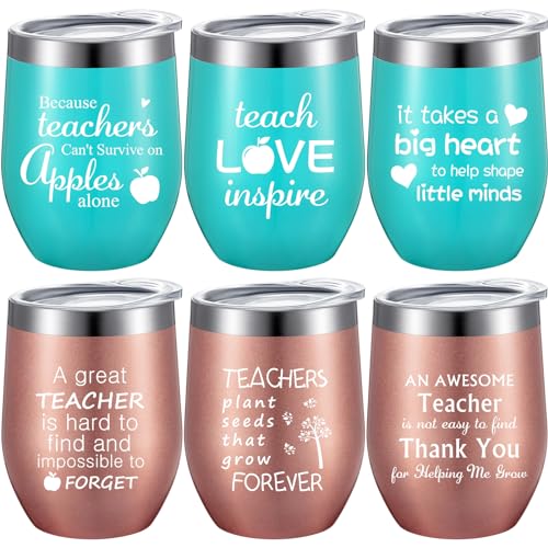 Patelai 6 Pieces Thank You Gift Idea for Teachers, Teacher Graduation Appreciation Coffee Mug for Women Men Preschool Elementary Teacher, 12oz Wine Tumbler and Lids Straws Brushes (Rose Gold, Mint)
