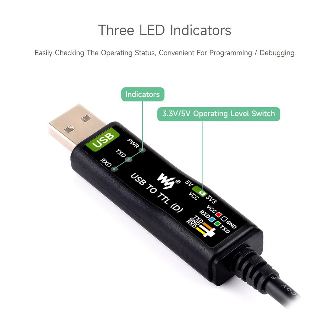 Waveshare Industrial USB TO TTL (D) Serial Cable, FT232RNL Chip, Multi Protection Circuits, for Win7/8/10/11/Mac/Linux, With 4pin Header+SH1.0 3PIN Connector, For Raspberry Pi 5 Serial Port Debugging