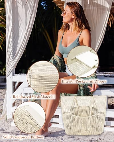 Bolso tote de malla para playa para mujeres, grande, para verano, bolso de hombro con bolsillo interior, suave, para piscina, viajes y artículos esenciales para natación miniatura 5