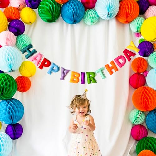 image for KUQJJQU Pre-Strung Happy Birthday Banner - Felt Ball Garland, Rainbow 