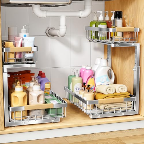 Image of PXRACK Under Sink Organizer, Adjustable Height, 2 Tier Pull Out Cabinet Organizer, Slide Out Thickened Metal Storage for Kitchen Bathroom Laundry Pantry Cabinet, Stainless Steel, Silver, Large-2-Pack