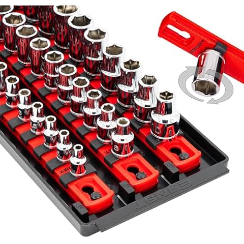Ernst Manufacturing 18-Inch Socket Boss - Premium 3-Rail Multi-Drive (1/4", 3/8", 1/2") Socket Organizers w Twist Lock Clips, Socket Set Holder for 57 Tools - SAE & Metric - Red (8450) - Made in USA Cover
