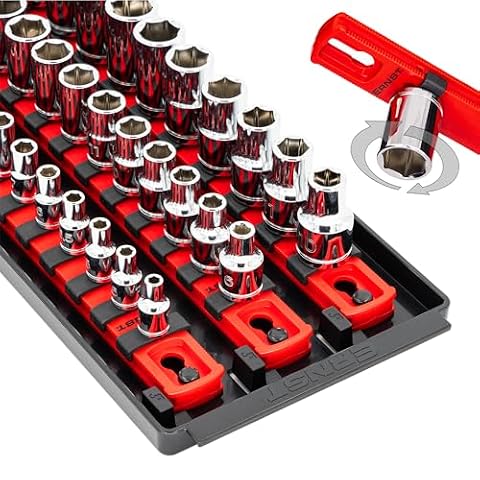 Ernst Manufacturing 8490 Gniazdo Boss: 3-szynowa taca na narzędzia z 40 klipsami (1/10.2 cm, 3/20.3 cm, 1/5.1 cm) - czerwona, szyny 33-calowe do przechowywania skrzynki narzędziowej