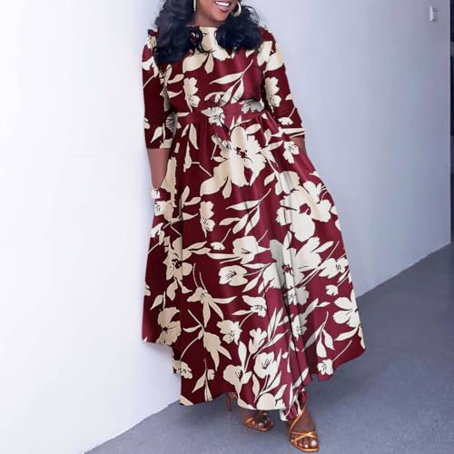 Image of BFFBABY Women's Wrap V Neck Plus Size Maxi Dresses 3 /4 Sleeves Chain Floral Printed Swing Dress with Belt
