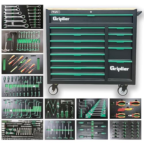 Griplier 14-Drawers Rolling Tool Chest with Wood Workbench,Brake Casters,Lock & Key,Heavy-Duty Steel Tool Cabinet Storage, for Home,Garbge or Workshop Use (14 Drawer + 348 Pieces Tools)