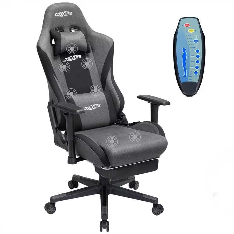 Douxlife Gaming Stuhl, mit 7 Punkt Massage, Fußstütze, Ergonomischer 180KG Bürostuhl, 90-175° Rückenlehne Einstellbar, Verstellbare Armlehne, Schreibtischstuh für Erwachsener, Schwarz Weiß