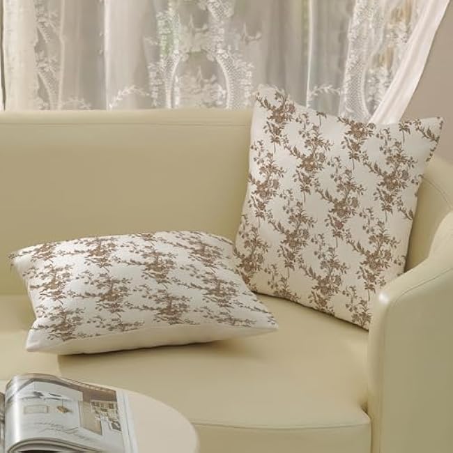 Floral Pillow Covers 18x18 Inches Set of 2 Block Print Brown Floral Throw Pillow Covers Outdoor Decoration Rustic Flower Pillowcase Farmhouse Decorative Linen Cushion Case for Home Sofa Couch