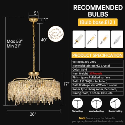 Image of 10 Lights Modern Gold Crystal Chandeliers for Dining Room 28 inch
