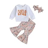 Kayotuas Toddler Girl Halloween Outfits Cute Letters Crewneck Sweatshirt Top and Pumpkin Bell Bottom Pants Set Fall Clothes (PUMPKIN SPICE White, 6-12 Months)