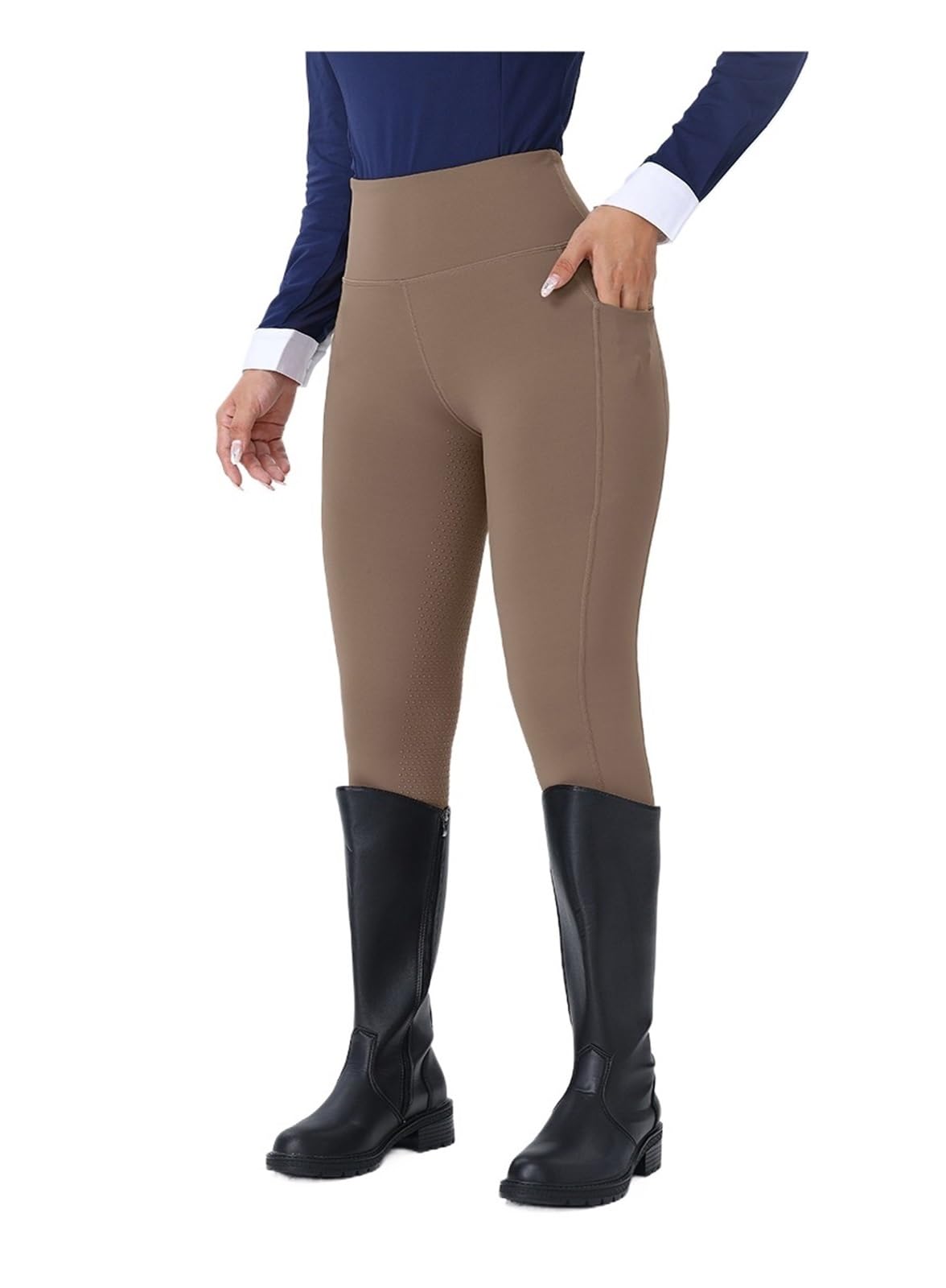 Pantalones de equitación mujer Pantalones de equitación antideslizantes con bolsillo lateral doble, cintura alta elástica y ajuste ceñido Jodhpurs de silicona para mujer con asiento comple(Brown,M)