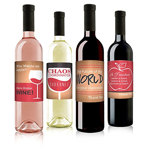 Teacher Appreciation Wine Bottle Label Sets (4 Labels), Perfect for Summer Break, Holidays, Graduations, Retirement and More. The Perfect Unique Gift!