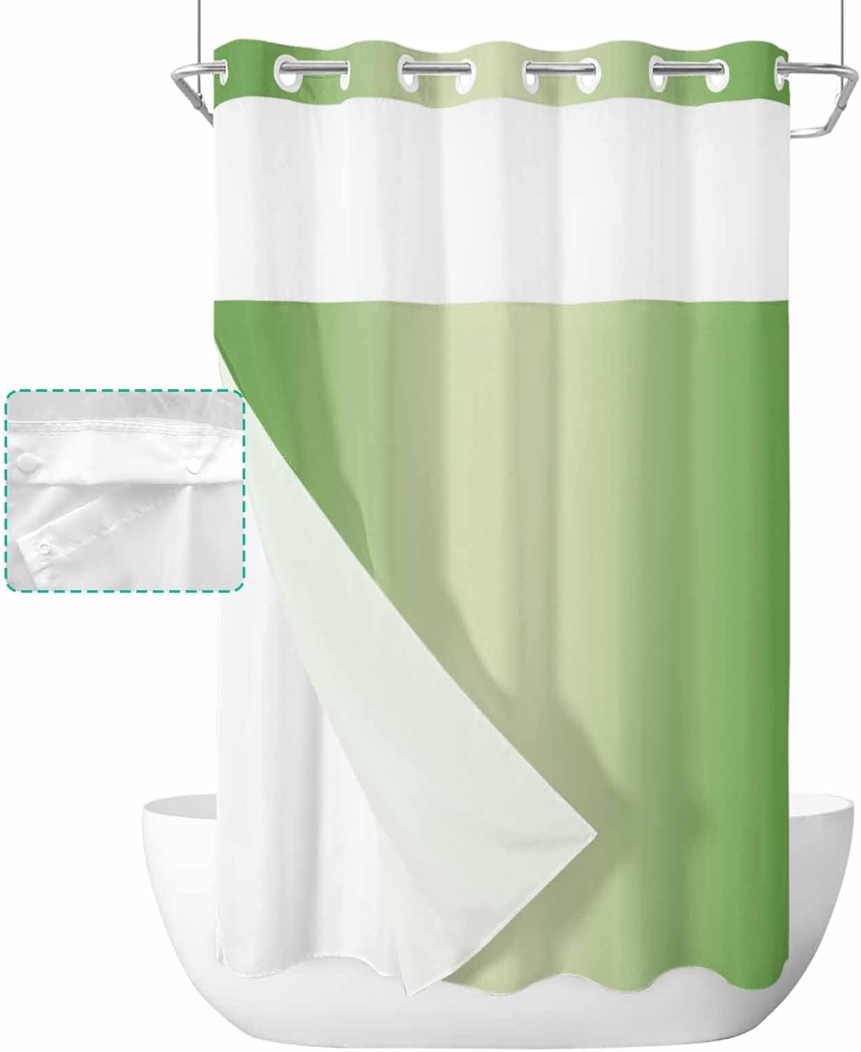 No Hook Shower Curtains, Grass Green Ombre Small Shower Curtains with Snap in Liner, Rustic Green Color Gradient Waterproof Washable Fabric Bathroom Shower Curtain Sets, 36" x 72"