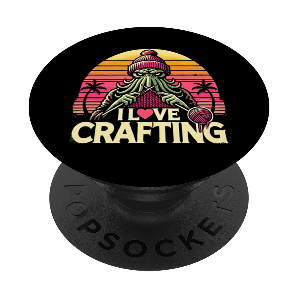 Cthulhu I Love Crafting, Retro Cosmic Horror Cthulhu PopSockets Swappable PopGrip, Black