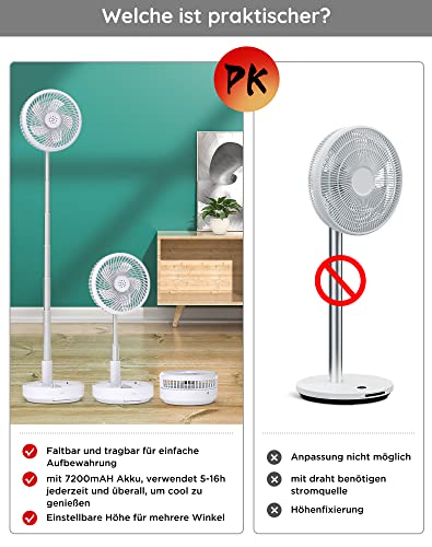 Primevolve 8 Oszillierender Tisch-und Standventilator mit Fernbedienung, Tragbarer Faltbarer Travel Fan für Outdoor Reise Camping, 7200mAh Akku Batterie Ventilator Leise für Schlafzimmer Büro (Weiß)