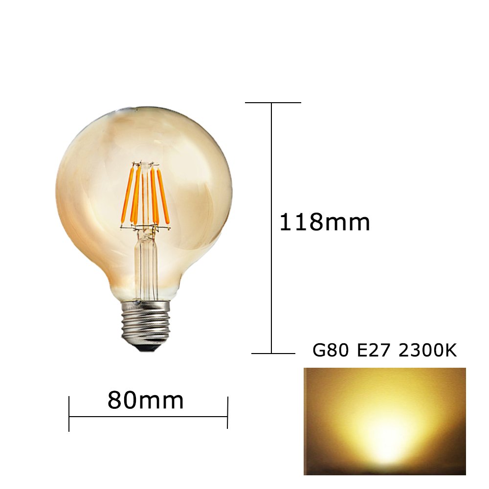 6 lampadine LED Edison G80, E27, 6 W, stile vintage, con filamento, 60 W, 2300 K, luce bianca calda, AC 220 V-240 V, non dimmerabili